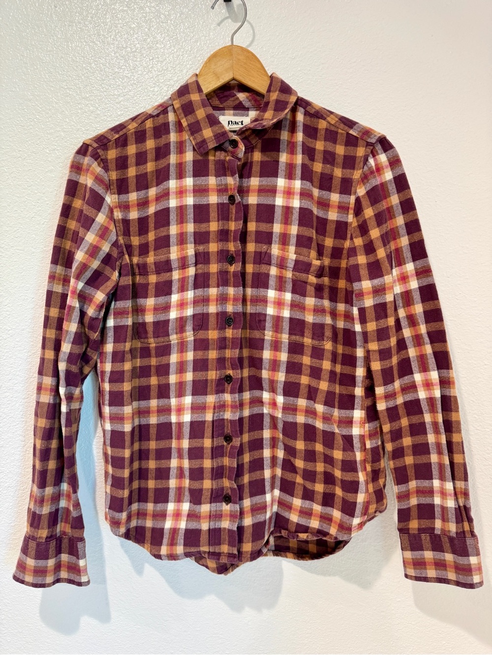 Pact Organic Cotton Dark Academia Cabincore Plaid Flannel Shirt Purple Tan S